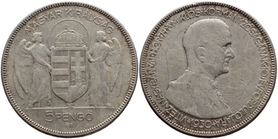 Венгрия 5 пенге 1930 ВР, 10 лет правления адмирала Хорти KM 512.1 серебро 633-812