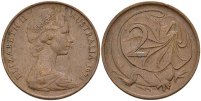 Австралия 2 цента 1974 Елизавета II (1952-) молодой портрет, плащеносная ящерица KM 63 бронза    4155-111