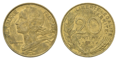 Франция 20 сантимов 1978 KM 930 алюминиевая бронза 4673-1122