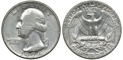 США 25 центов (квотер) 1974 Вашингтон KM 164a медь плакированная медно-никелем 72-537