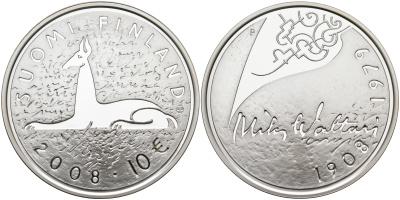 Финляндия 10 евро 2008 Мика Валтари, писатель KM 142 серебро  PROOF 11-114-22
