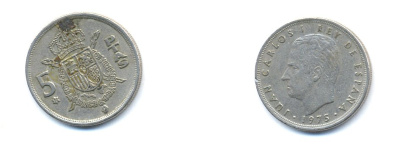 ИСПАНИЯ 5 ПЕСЕТ 1977 KM 807 медно-никель 54-1651