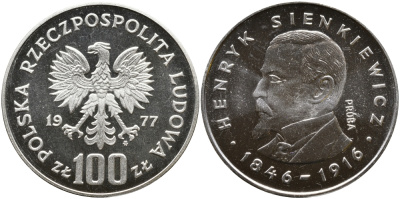 Польша 100 злотых 1977 Владислав Реймонт (1867-1925), пробный выпуск (PROBA) KM Pr 303, Parchimowicz 372a серебро PROOF 441-615