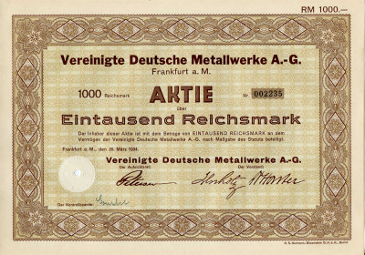 Германия 1000 рейхсмарок 1934 АО Объединенные немецкие металлургические заводы, акция   бумага   8803-34-1