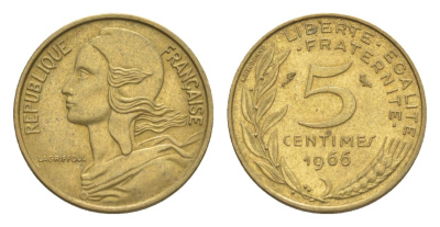 Франция 5 сантимов 1966 тип Morlon KM 933, Le Franc 125.2 алюминиевая бронза 4630-318
