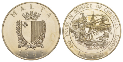 Мальта 1 лира = 2 экю 1993 430 лет защите Христианства в Европе KM 103 медно-никель BU 1521-542