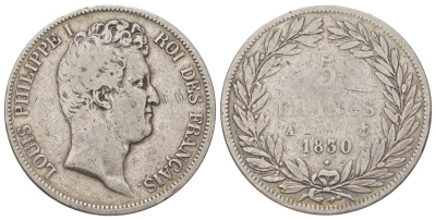 Франция 5 франков 1830 A, Луи-Филипп I (1830-1848), гурт рельефный KM 736 серебро 3896-143