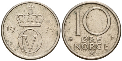 Норвегия 10 эре 1974 Улаф V (1958-1991) KM 416 медно-никель    4598-1218