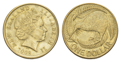 Новая Зеландия 1 доллар 2008 Елизавета II (1952-2022), птица киви KM 120 алюминиевая бронза UNC 4652-254