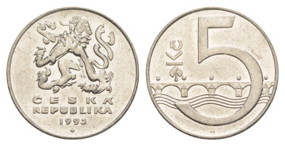 Чехия 5 крон 1993 чешский лев, Карлов мост KM 8 сталь плакированная никелем 4529-623