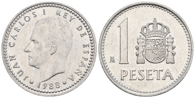 Испания 1 песета 1988 Хуан Карлос I (1975-2014) KM 821 алюминий 259-333