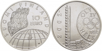 Финляндия 10 евро 2002 50 лет Олимпиаде 1952 года в Хельсинки KM 107 серебро UNC 1077-7-33