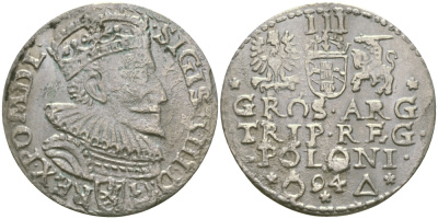 ПОЛЬША (ЛИТВА) 3 ГРОША 1594 СИГИЗМУНД III ВАЗА, КОРОЛЬ ПОЛЬШИ, ВЕЛИКИЙ КНЯЗЬ ЛИТОВСКИЙ, РУССКИЙ, ПРУССКИЙ, КОРОЛЬ ШВЕДСКИЙ (1587-1632) Gumowski 1021, Kopicki 3523 серебро 99-912