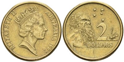 Австралия 2 доллара 1992 абориген, Елизавета II (1953-) KM 101 алюминиевая бронза 4126-1053