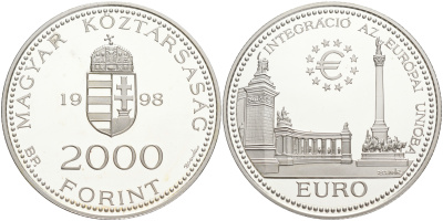 Венгрия 2000 форинтов 1998 интеграция в европейский союз KM 733 серебро PROOF 02-252-21