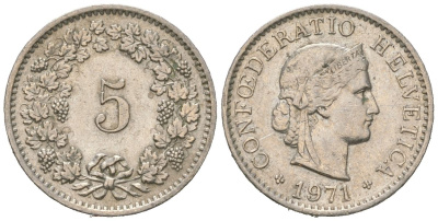 Швейцария 5 раппенов 1971 KM 26 медно-никель aUNC 4617-1048
