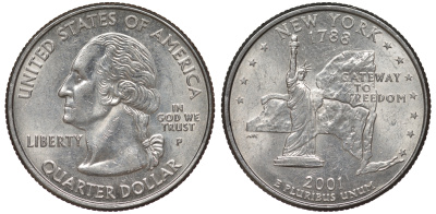США 25 центов = квотер 2001 Р, серия штаты США, Нью-Йорк KM 318 медь плакированная медно-никелем 4539-134
