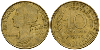 Франция 10 сантимов 1974 тип Marianne KM 929 алюминиевая бронза 4391-125