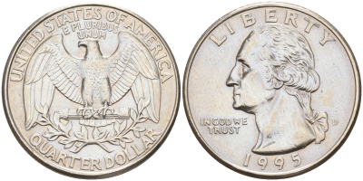 США 25 центов (квотер) 1995 D, Вашингтон KM A164a медь плакированная медно-никелем 190-421