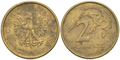 Польша 2 гроша 1999 MW KM 277, Parchimowicz 702f латунь 218-1229