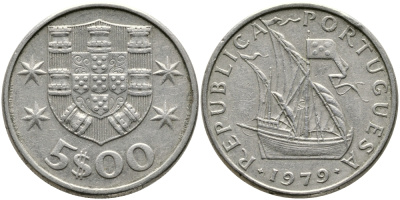 ПОРТУГАЛИЯ 5 ЭСКУДО 1979 ПАРУСНИК KM 591 медно-никель 65-1123