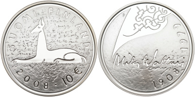 Финляндия 10 евро 2008 Мика Валтари, писатель KM 142 серебро  PROOF 11-114-32