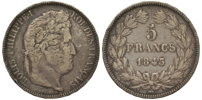 Франция 5 франков 1843 B, Луи Филипп I (1830-1848) KM 749.2 серебро 413-3335