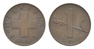 Швейцария 1 раппен 1963 B KM 46 бронза 3458-236