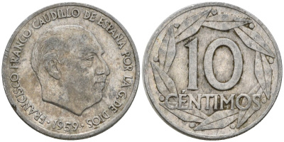 Испания 10 сентимо 1959 Франсиско Франко (1939-1975) KM 790 алюминий 4602-1216