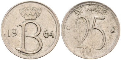 Бельгия 25 сантимов 1964 BELGIQUE KM 153 медно-никель 4585-1055