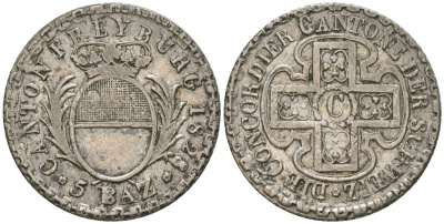 Швейцарские кантоны 5 батценов 1828 кантон Фрибур KM 84 серебро    4584-251