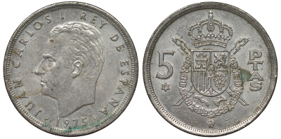 Испания 5 песет 1975 (79) Хуан Карлос I (1975-2014) KM 807 медно-никель 4128-1156