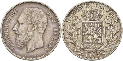 Бельгия 5 франков 1875 Леопольд II (1865-1909) KM 24 серебро 4184-633