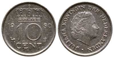 Нидерланды 10 центов 1980 Юлиана (1949-1980) KM 182 никель 4110-1748