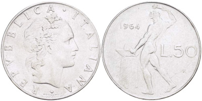 ИТАЛИЯ 50 ЛИР 1964 R, КУЗНЕЦ KM 95.1 нержавеющая сталь 4523-646