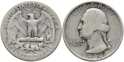 США 25 центов = квотер 1934 Вашингтон KM 164 серебро 86-1124