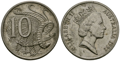 Австралия 10 центов 1992 Елизавета II (1953-), птица лирахвост KM 81 медно-никель 4138-925