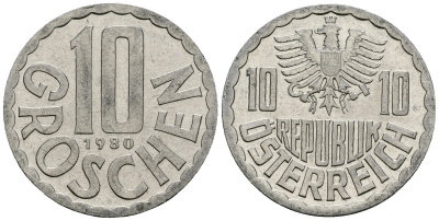 Австрия 10 грошей 1980 KM 2878 алюминий 4135-252