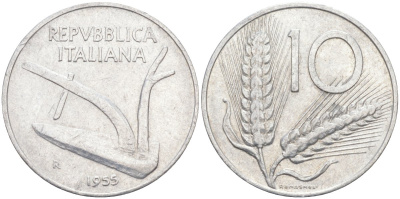 Италия 10 лир 1955 R, КОЛОС, плуг KM 93 алюминий 4519-931