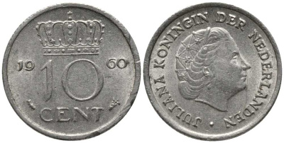 Нидерланды 10 центов 1960 Юлиана (1949-1980) KM 182 никель 112-728