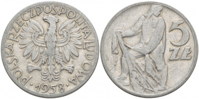 ПОЛЬША 5 ЗЛОТЫХ 1958 MW, РЫБАК KM 47 алюминий 4545-523