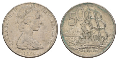 Новая Зеландия 50 центов 1980 Елизавета II (1952-2022), парусник Индевор KM 37 медно-никель 4645-622