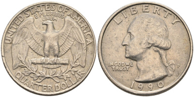 США 25 центов = квотер 1990 P, Вашингтон КМ 164а медь плакированная медно-никелем 4573-152