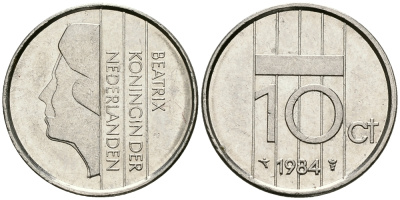 НИДЕРЛАНДЫ 10 ЦЕНТОВ 1984 БЕАТРИКС KM 203 никель 96-569