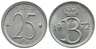 БЕЛЬГИЯ 25 САНТИМОВ 1972 BELGIE KM 154.1 медно-никель 4110-1616