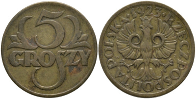 ПОЛЬША 5 ГРОШЕЙ 1923 KM 10 латунь 83-1459