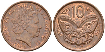 Новая Зеландия 10 центов 2006 маска Маори, Елизавета II (1952-) KM 117а сталь плакированная медью 186-512
