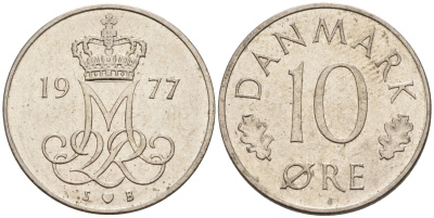 ДАНИЯ 10 ЭРЕ 1977 S; B, МАРГРЕТЕ II (1972-) KM 860.1 медно-никель 4564-1233