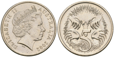 Австралия 5 центов 2002 Елизавета II (1952-), ехидна KM 401 медно-никель UNC 4608-837