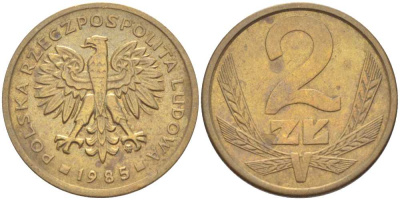 ПОЛЬША 2 ЗЛОТЫХ 1985 MW KM 80.1 латунь 76-641